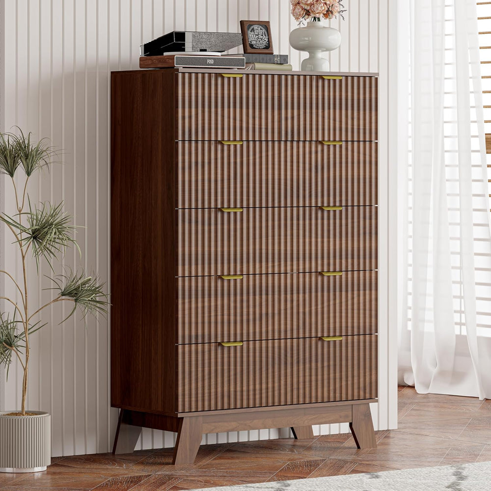 Tall 6 Drawer Dresser for Bedroom, 46" H Fluted Wooden Dresser Storage C...