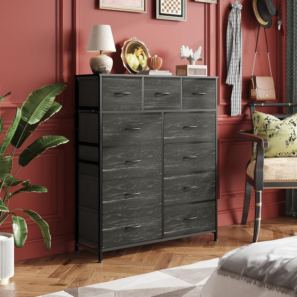 WLIVE Tall Dresser for Bedroom, 11 Drawer Fabric Dresser, Black Wood Grain
