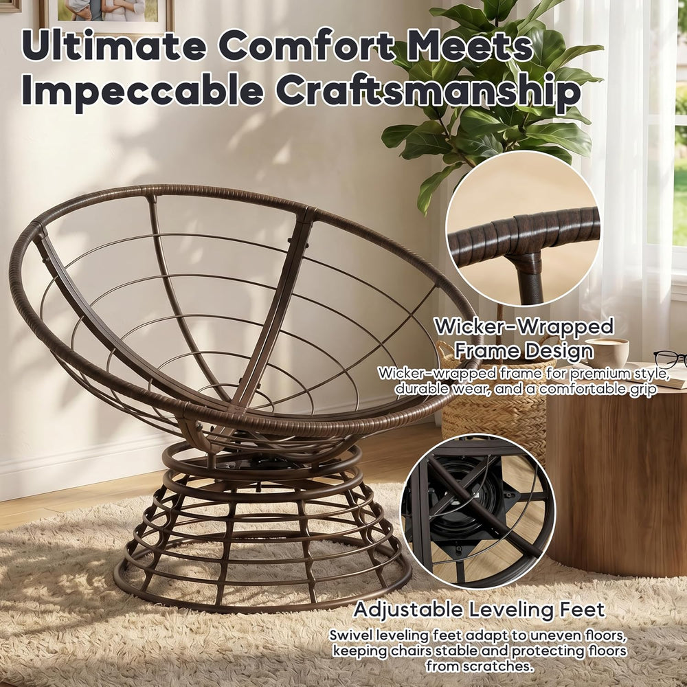 Comfortable 36" Ergonomic Wicker Papasan Chair, 360ยฐ Swivel Wicker Accen...