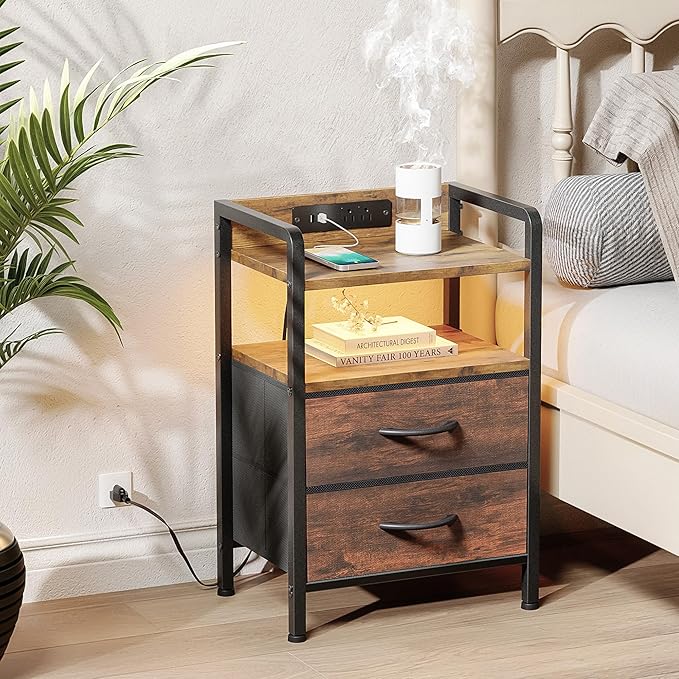 Night Stand Bedside Table Bedroom - Nightstand with Charging Station, Night S...