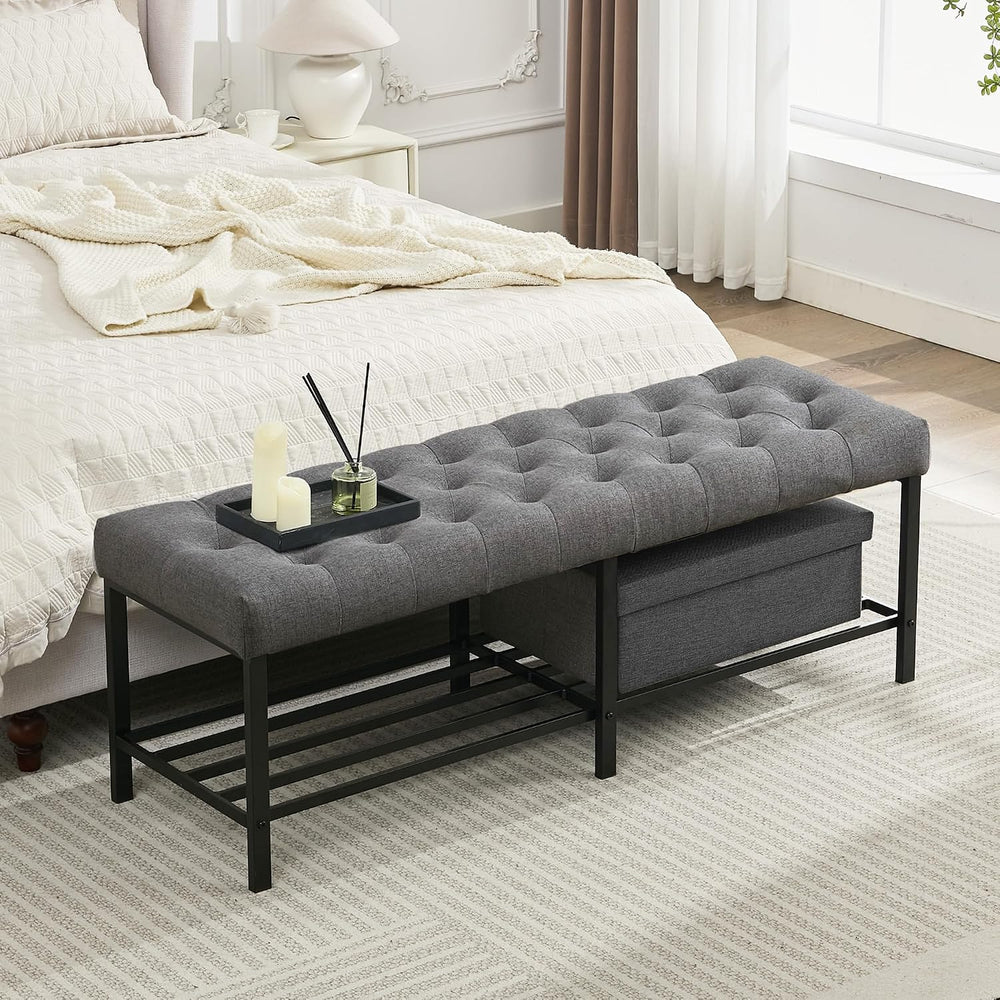 SOFTHION 55.5" End of Bed Bench, Linen Entryway Bench, Grey