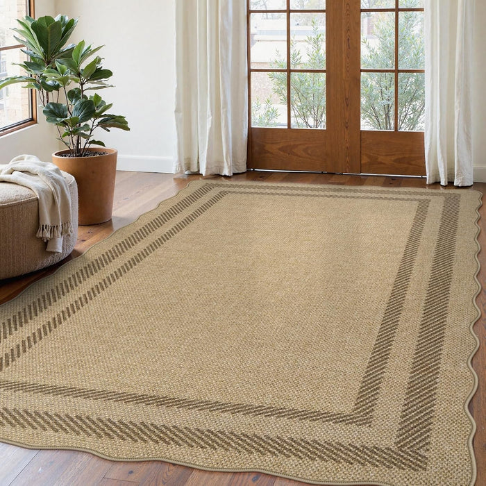 LIVEBOX Scalloped Washable 5x7 Outdoor Rug, Easy Jute Tan Rugs for Living Room, Indoor Geometric Rug for Bedroom, Farmhouse Non-Slip Rug Dining Room Mat Modern Carpet Area Rug for Patio Home Office