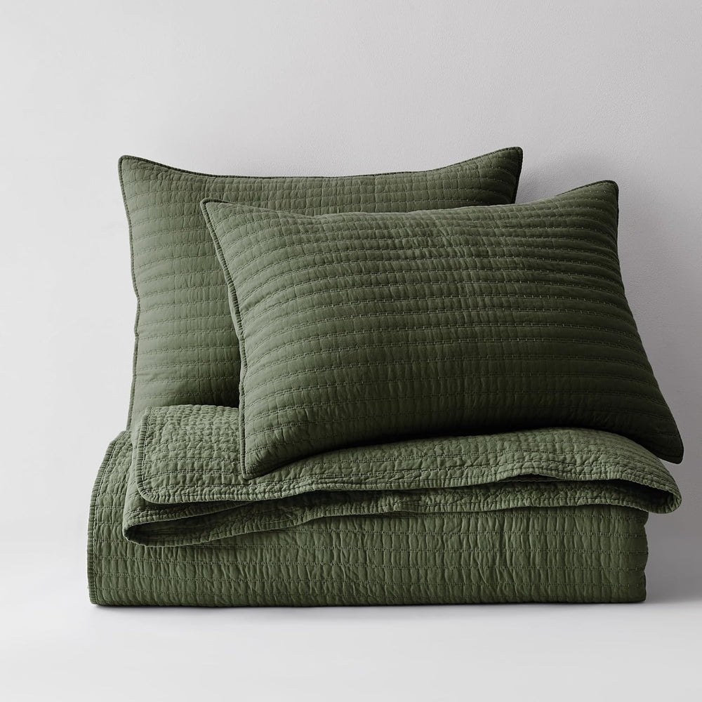 WDCOZY 100% Cotton King Size Quilt Set, Channel Pick Stitch, Olive Green