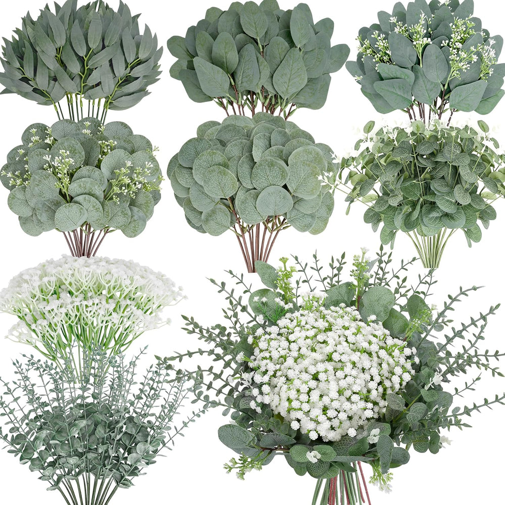 200 Pcs 8 Kinds Mixed Artificial Eucalyptus Stems Bulk Fake Silver Dollar Euc...