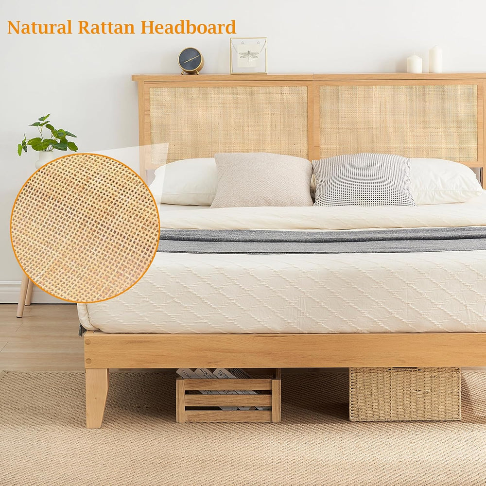 Bohemian Full Rattan Bed LED Natural Headboard Bedroom
