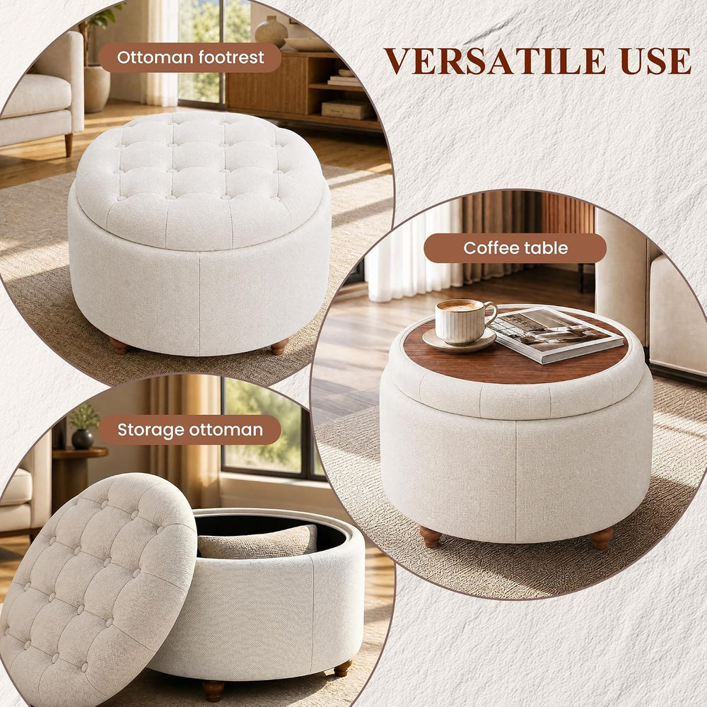 25Inch Round Storage Ottoman, Small Round Ottoman Coffee Table with Storage