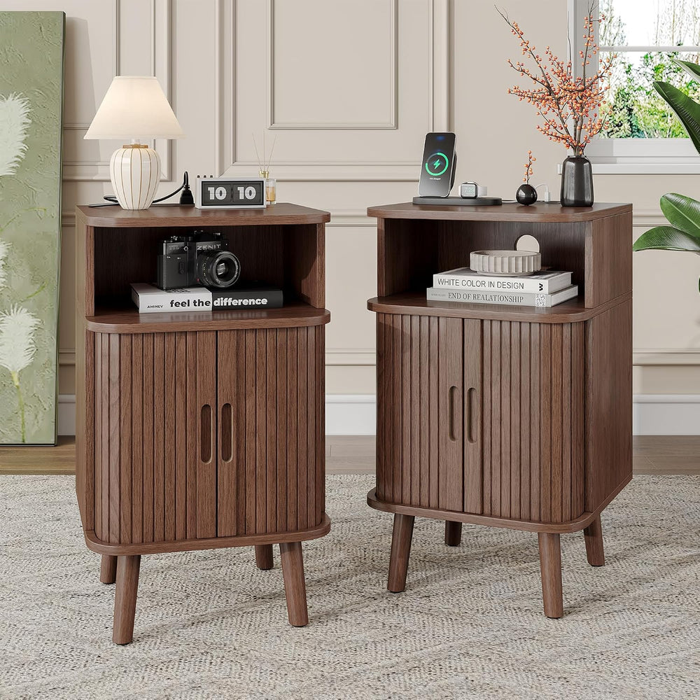Whalefall Night Stand Set of 2 with Charging Station, Mid Century Modern Flut...