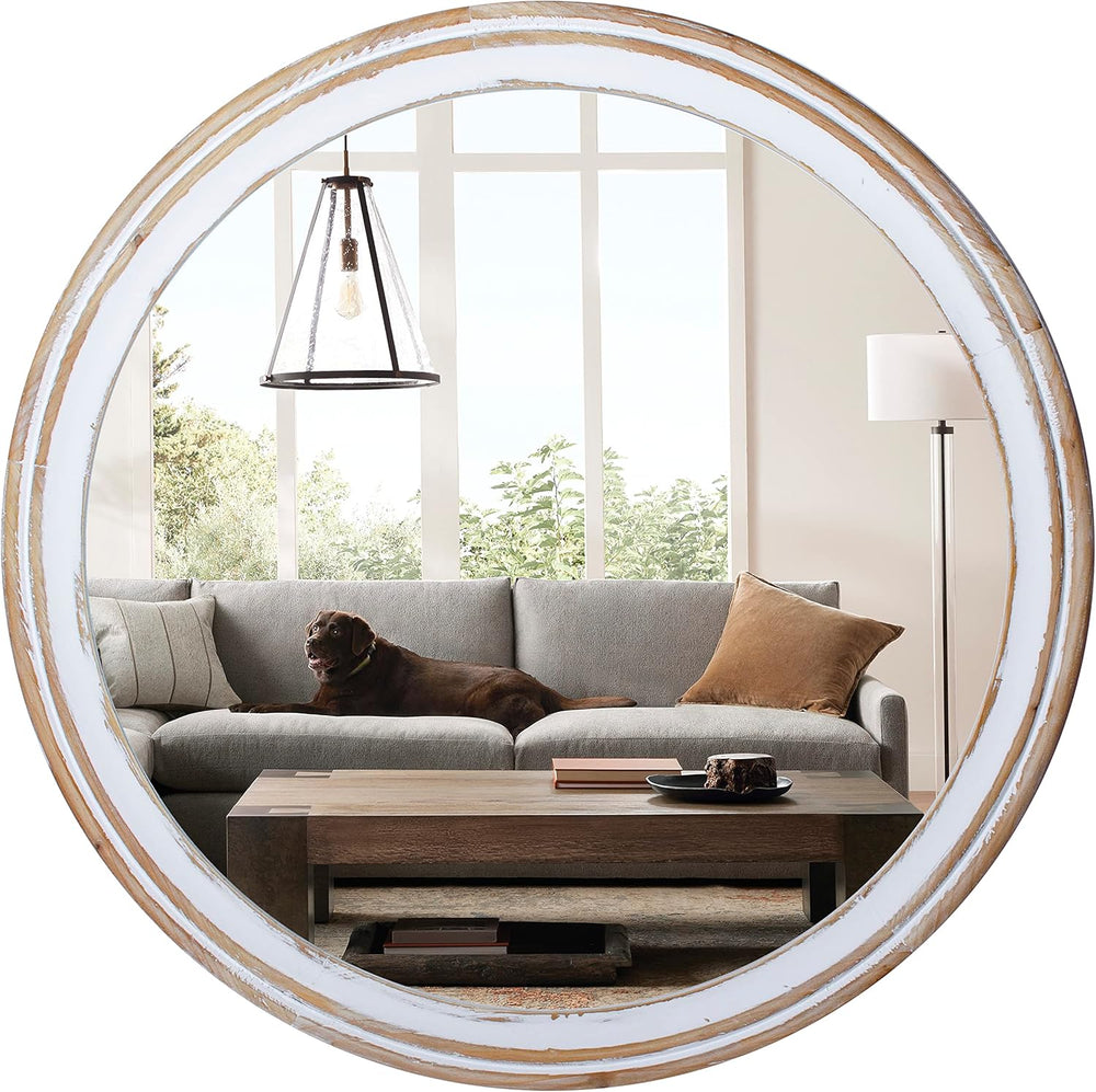 30 Inch Farmhouse Round Wall Mirror, Rustic Wood Decorative Circle Mirrors