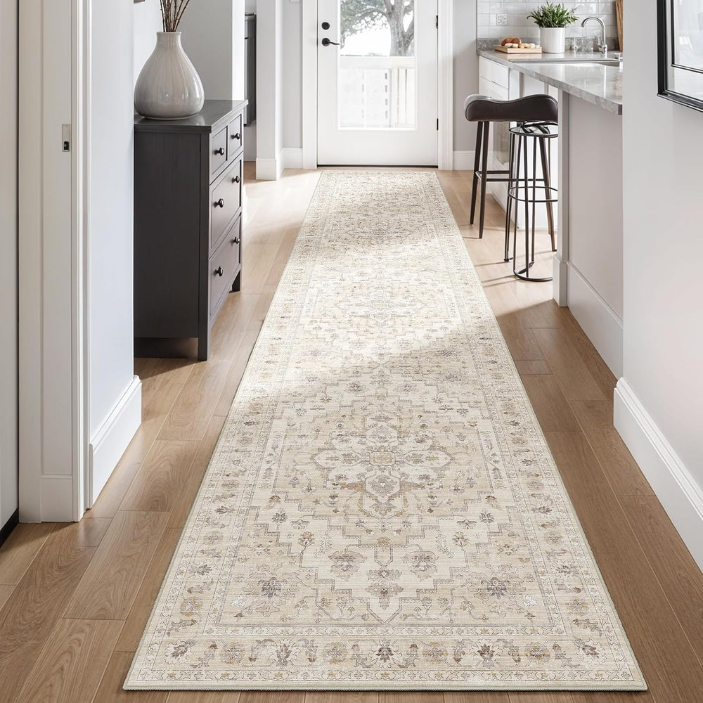 2'6''x12 Washable Runner Rug: Vintage Floral Low Pile Hallway Rug...