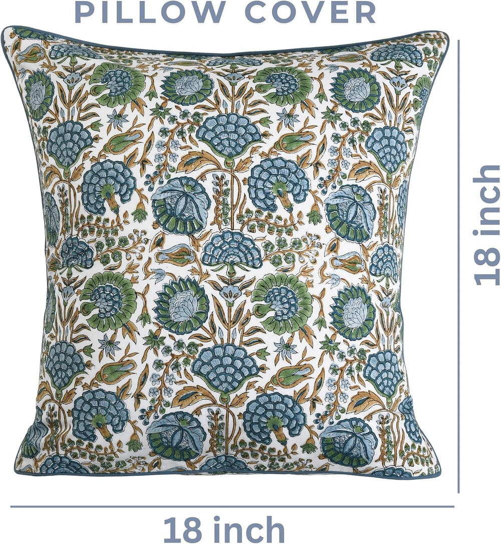 Ridhi Asparagus Green Block Print Cotton Pillow Cover 18x18 Inch Set of 2