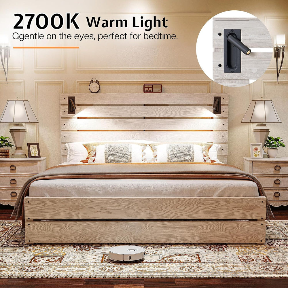 Jocisland Queen Bed Frame Farmhouse 51" Headboard&Reading Lights, Ash White