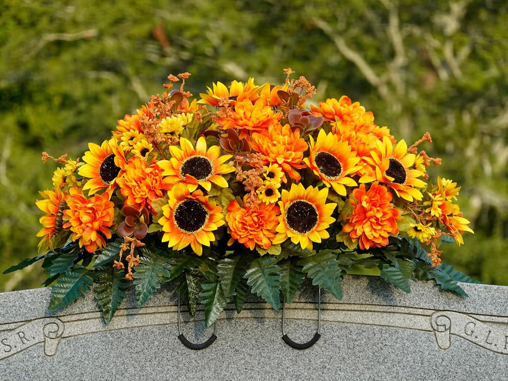 Sympathy Silks 30-Inch Fall Headstone Saddle, Sunflowers & Amber Mums
