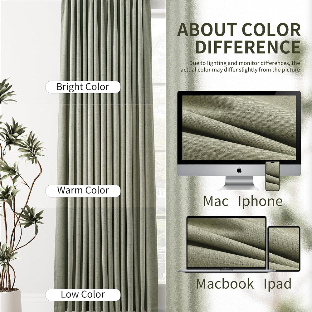 Joywell 100% Blackout Linen Pinch Pleated Curtains 84 Inch Long Sage Green