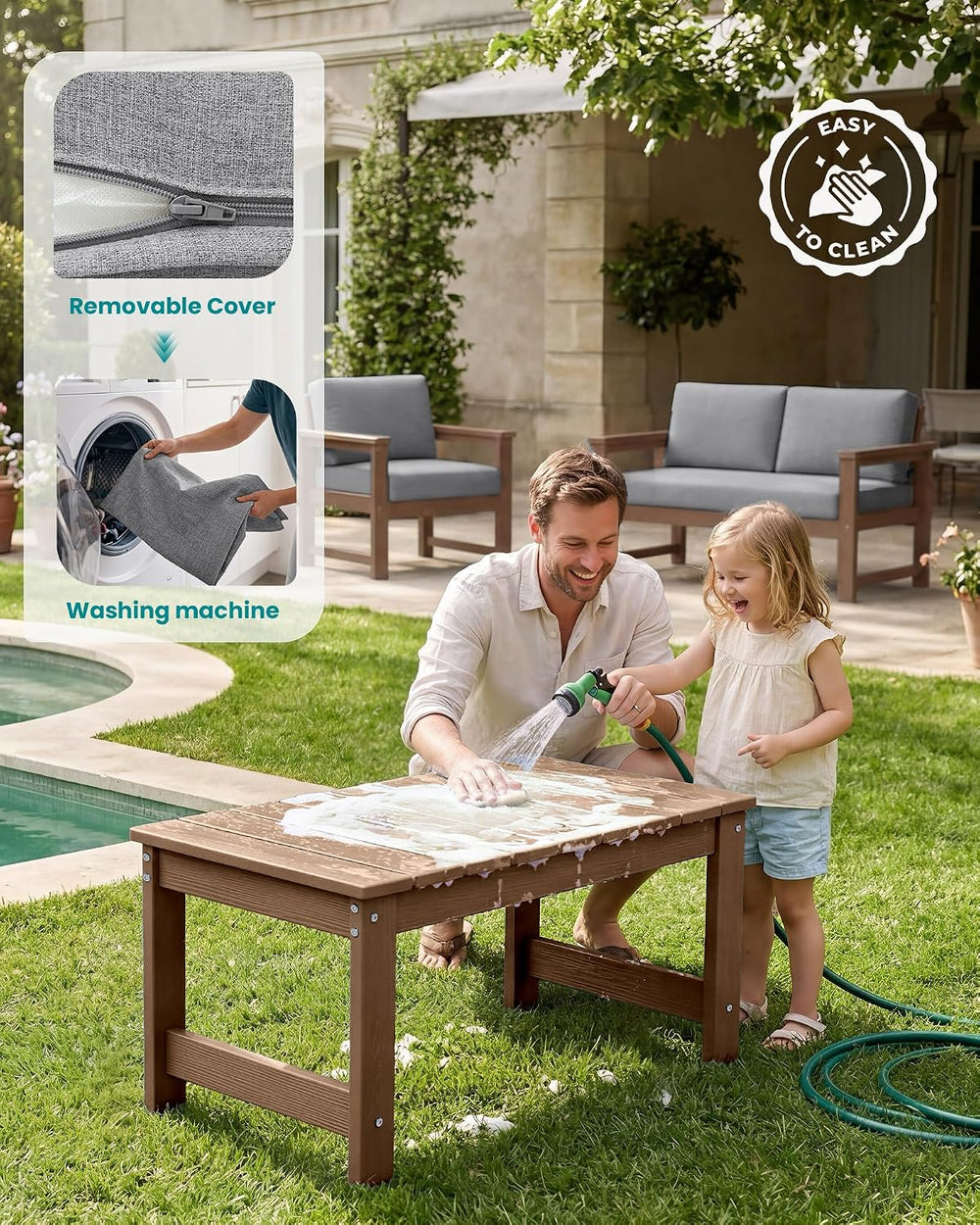 SERWALL 3 Pieces HDPE Outdoor Sofa Bistro Set with Cushions & Coffee Table