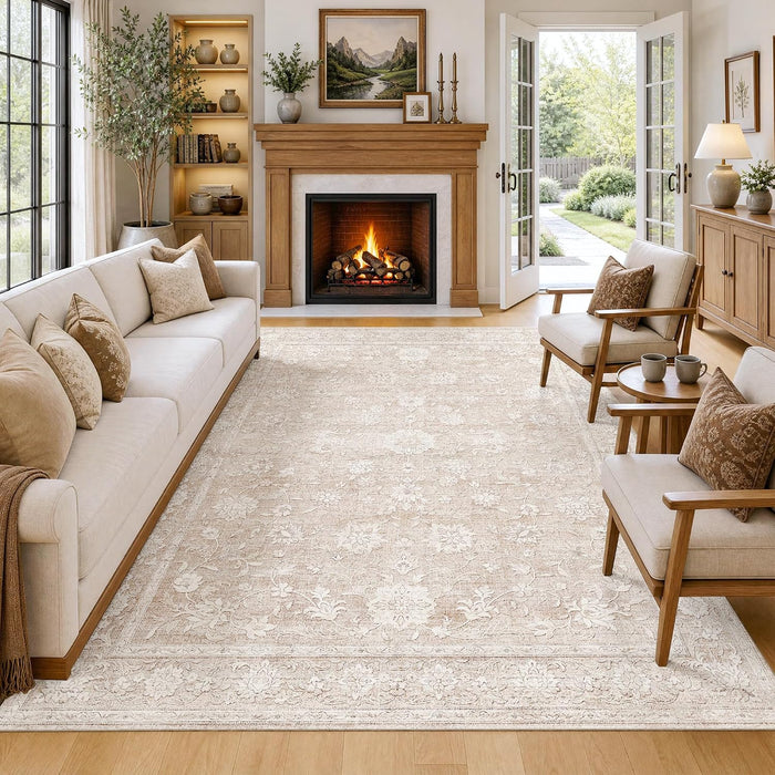 8x10 Beige Neutral Floral Living Room Vintage Area Rug