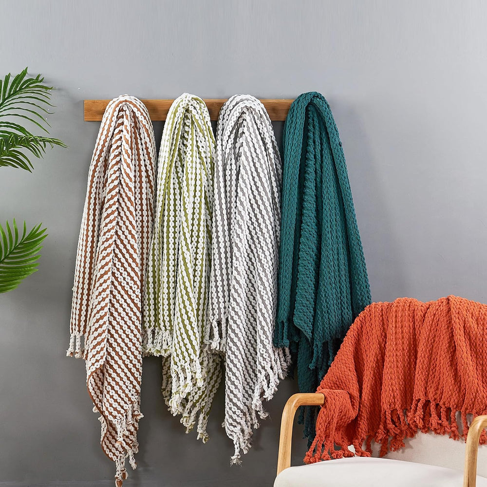 Striped Knit Throw Blanket with Braided Tassels 50" x 60", Hand Kni...