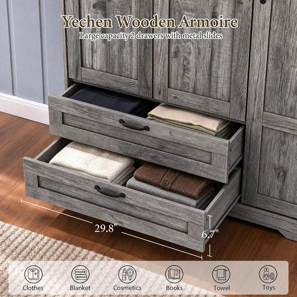 Yechen 62" Wooden Armoire Wardrobe Closet with 3 Doors & 2 Drawers, ...