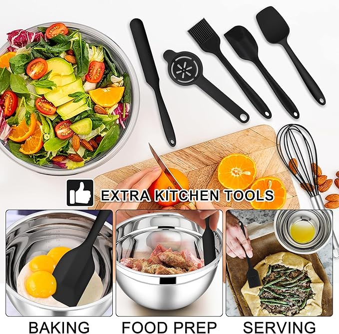 E-far Mixing Bowls with Lids Set, Size 7, Nesting Design & Black Airtight...