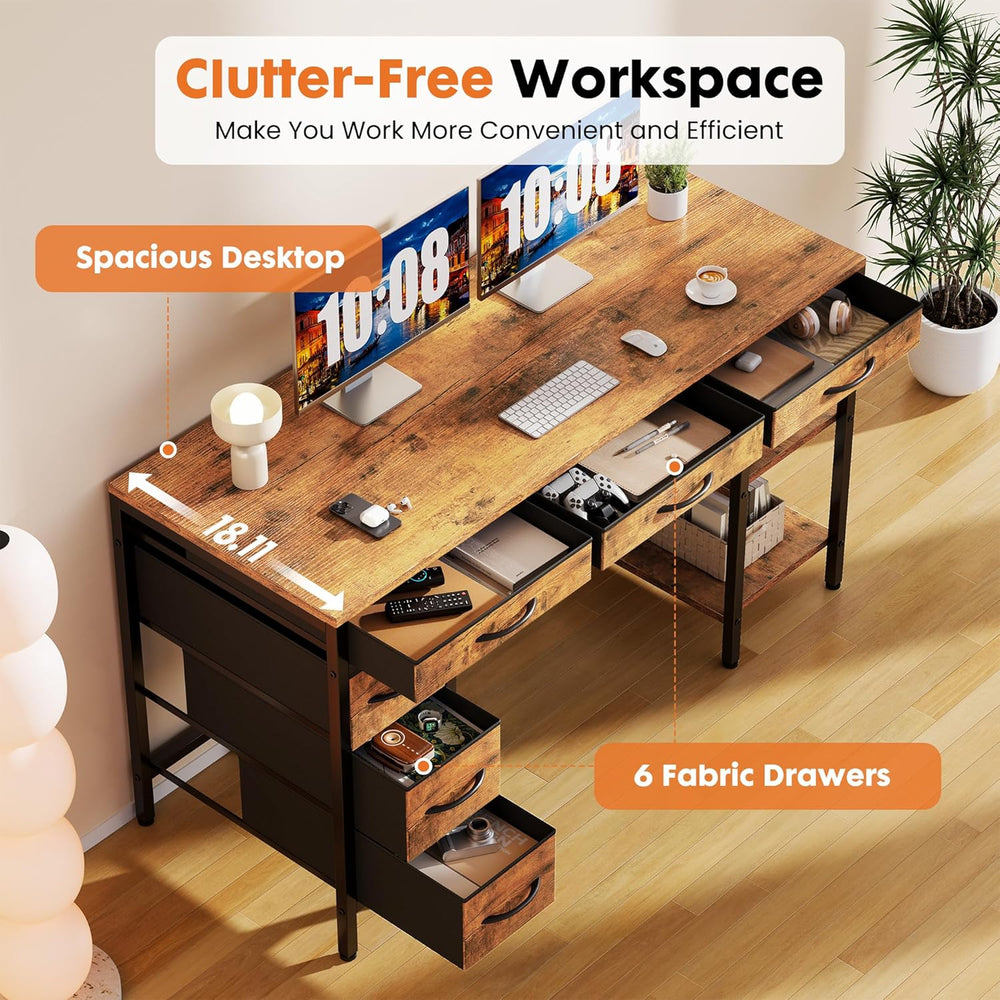 Sweetcrispy 47" Computer Desk with 6 Fabric Drawers & Storage Shelve...