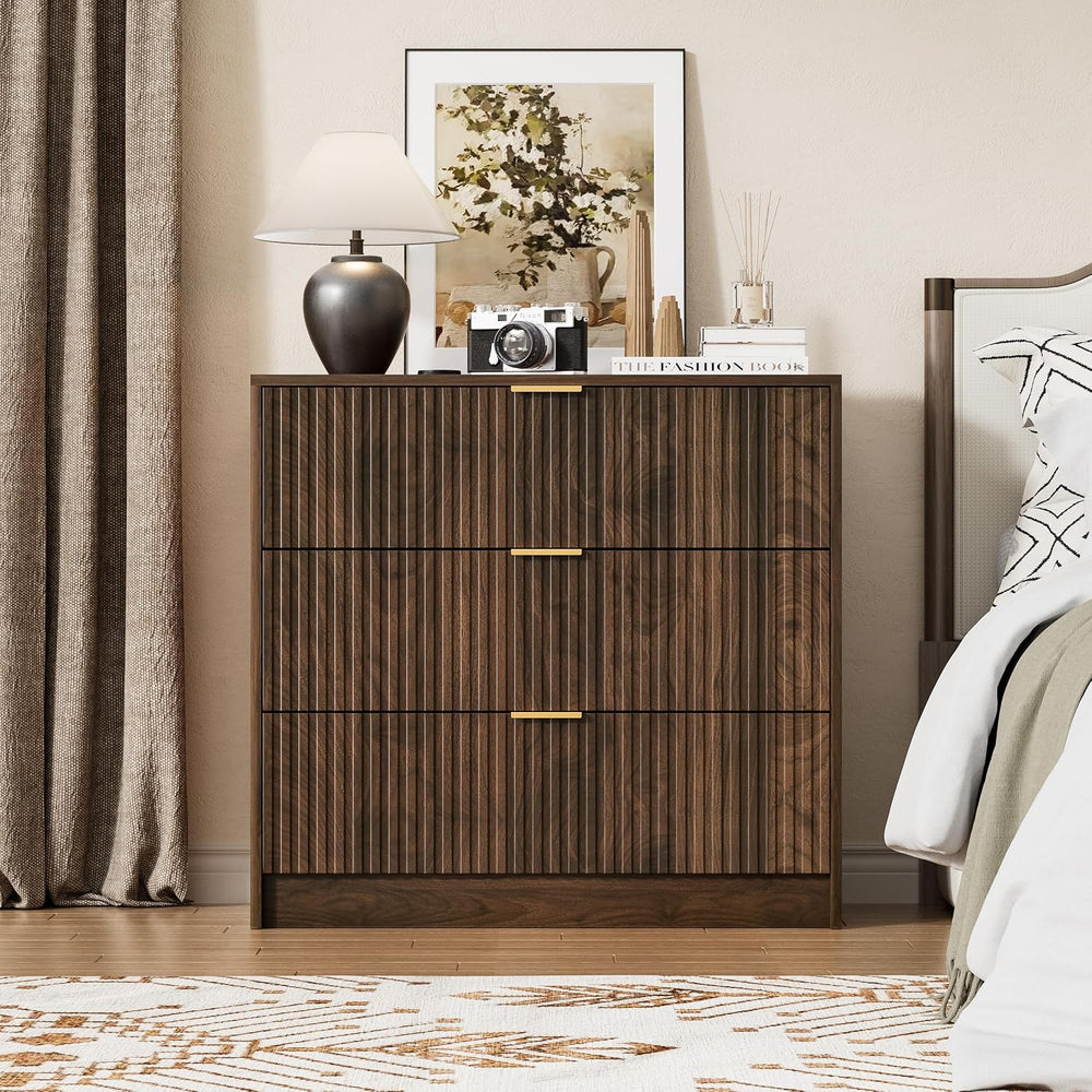 3 Piece Modern Bedroom Set, 9 Drawer Dresser with 2 Nightstands, Walnut