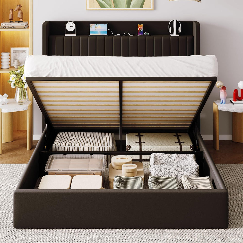 Allewie Full Lift Up Storage Hydraulic Bed Frame,Charging Station,Black