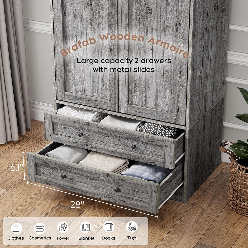 Brafab Wooden Armoire Wardrobe Closet with Drawers, Grey, Set of 3