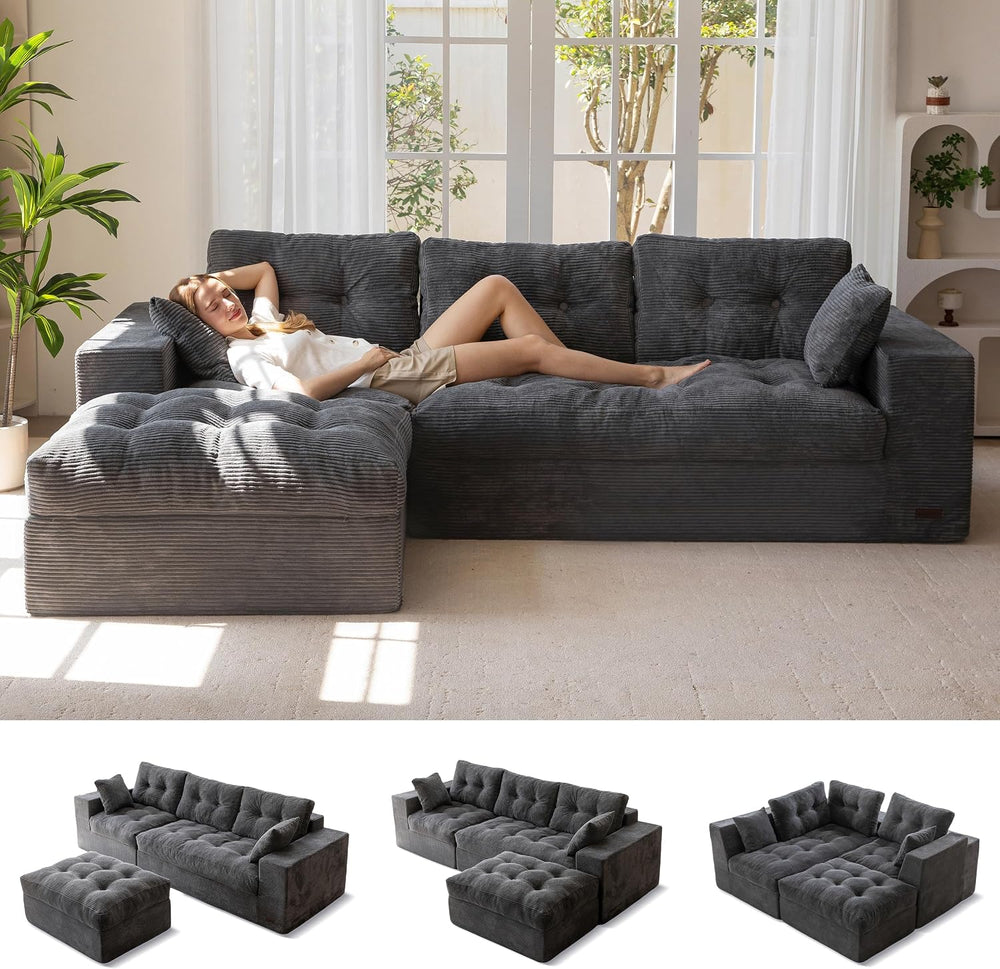 MAXYOYO 104" L Shaped Modular Sectional Sofa with Ottoman, Cloud Boneles...