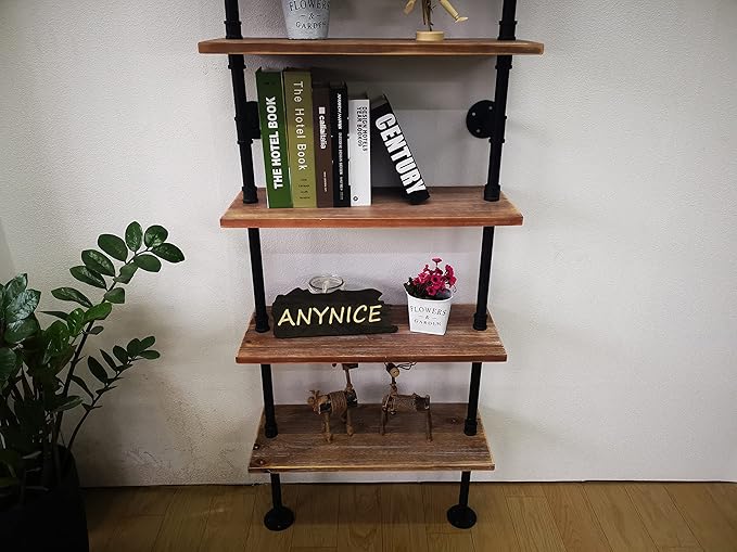 5 Tier Industrial Ladder Bookshelf, Wall Mounted Wood Metal Rustic Pipe Shelv...