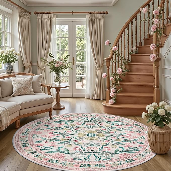 Round Area Rug for Living Room: 6 ft Floral Washable Circle Rug Soft Boho