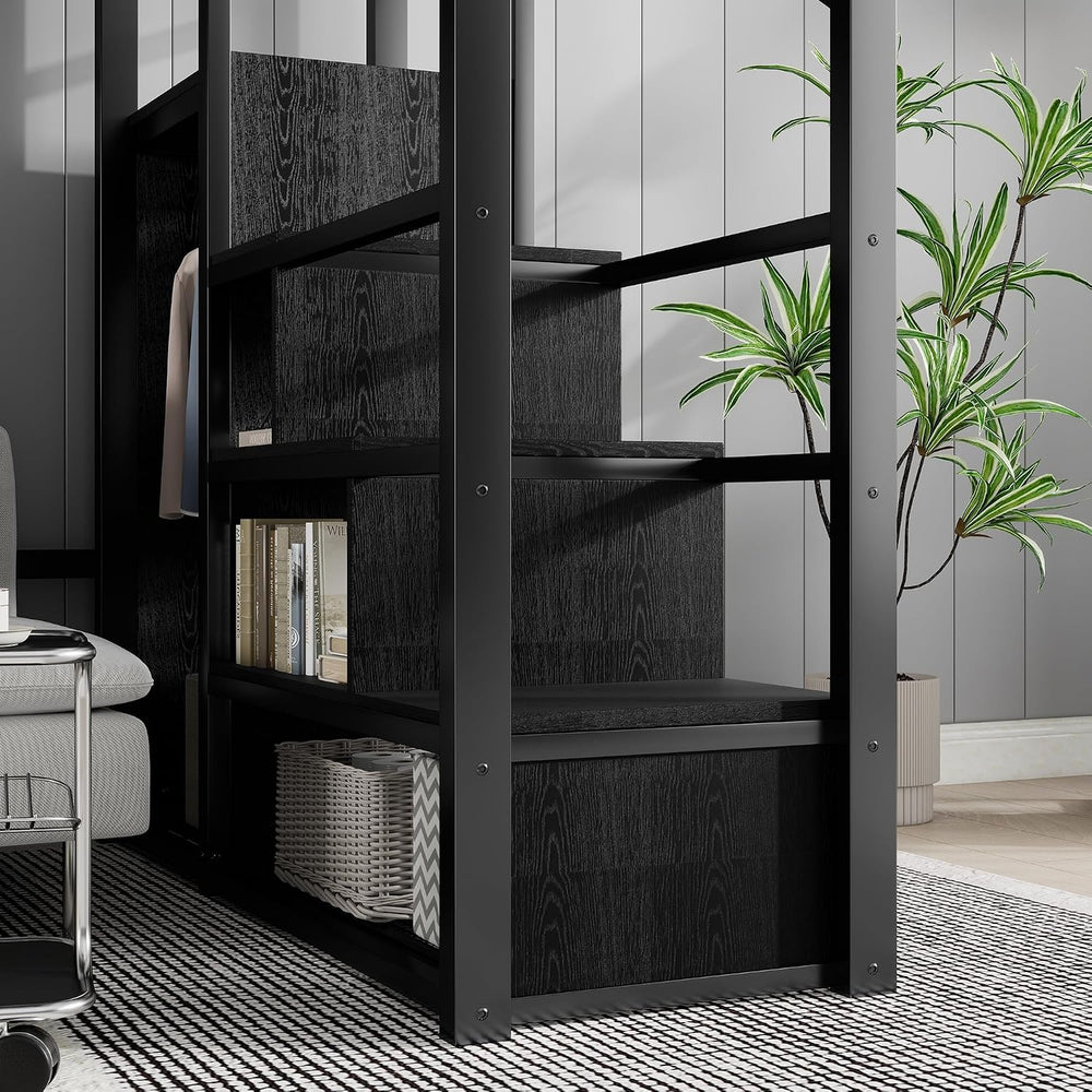 KEIKI Full Size Metal Loft Bed Frame with Convertible Staircase, Built-in Sto...