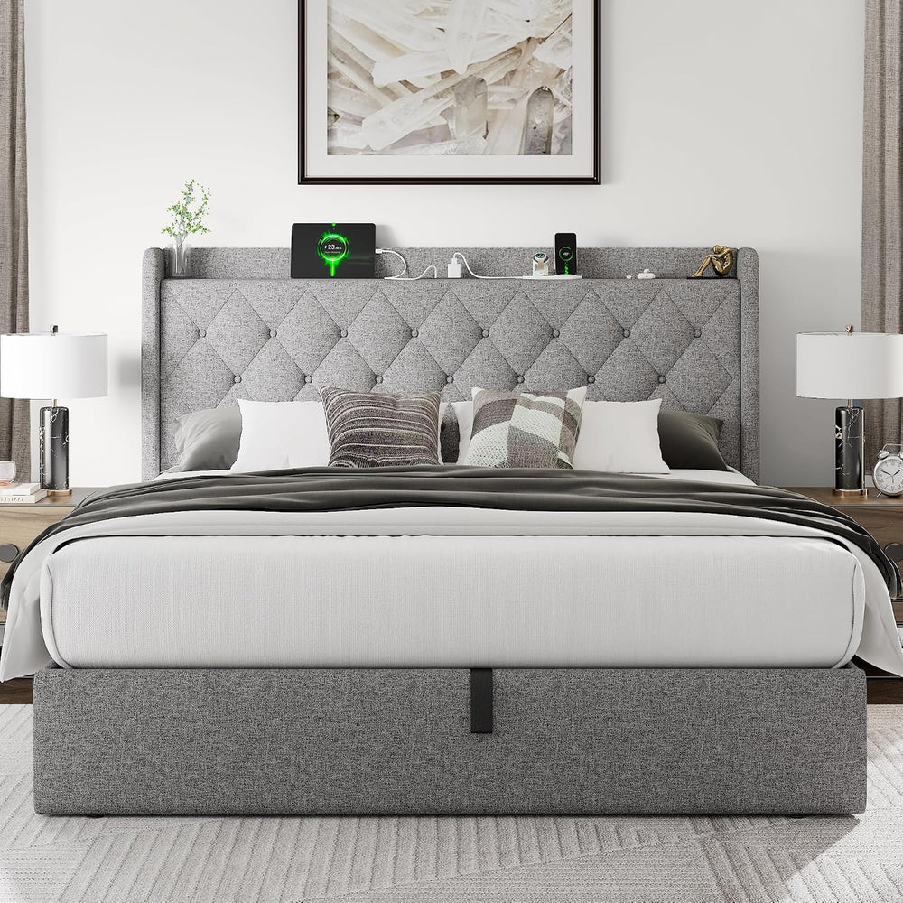 Einhomn Full Size Lift Up Storage Bed Frame with Charging Station, Upholstere...