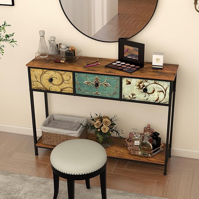 Tohomeor Entryway Console Table with 3 Retro Flowers Fabric Drawers Boho Narr...