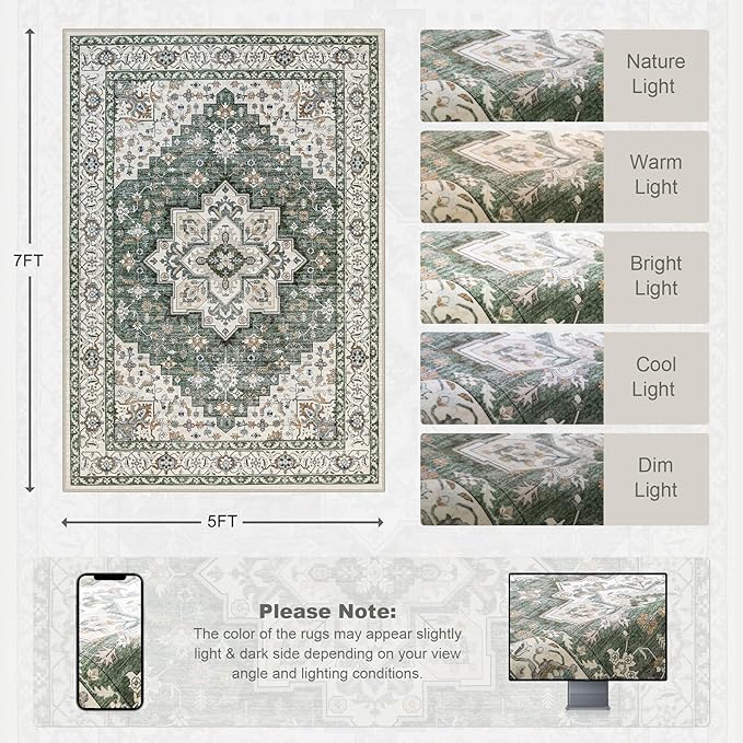 5x7 Area Rugs Living Room Rug: Washable Vintage Boho Medallion Rug No Slip