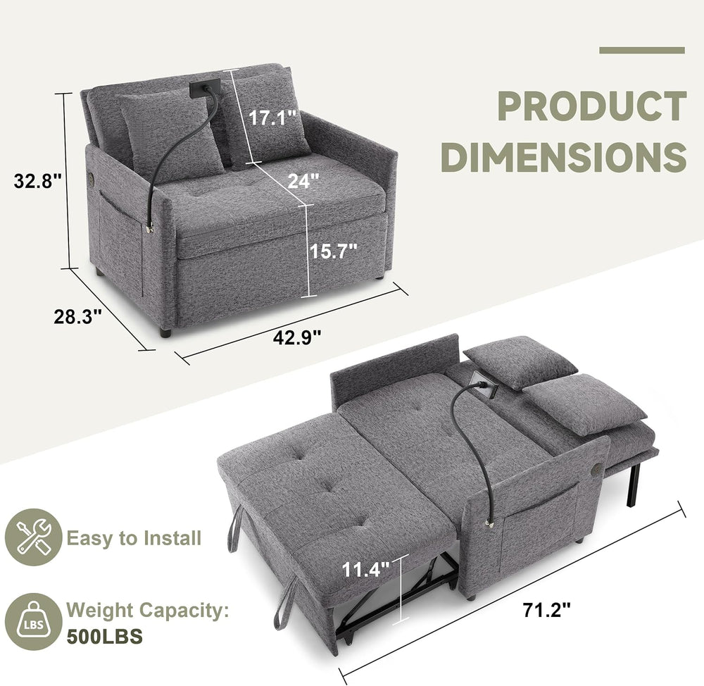 Loveseat Sleeper Sofa Convertible Sofa Bed, Pull out couch, Dark Grey