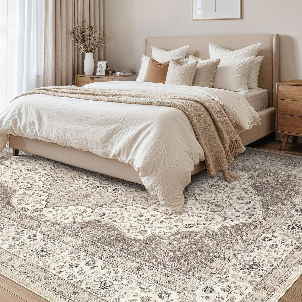 Vintage 9x12 Washable Area Rugs for Living Room, Non Slip, Brown