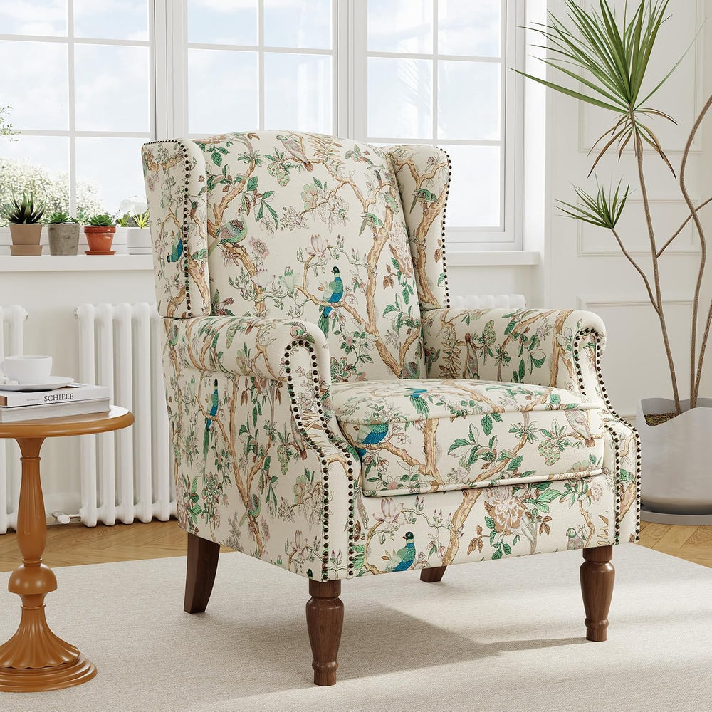 Floral Wingback Accent Chair with Wood Legs, Bird, Set of 1