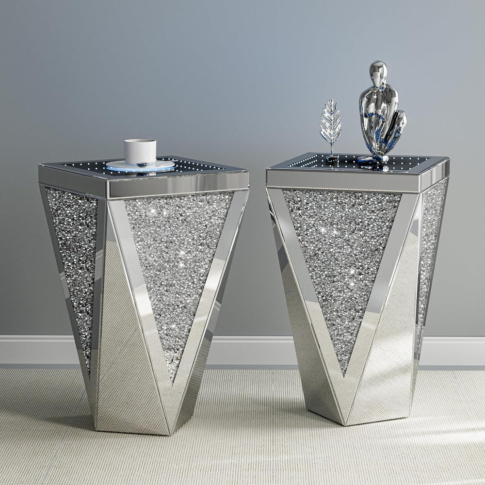 IKIFLY Set of 2 Mirrored End Table with Infinity Lights, Silver Nightstand wi...