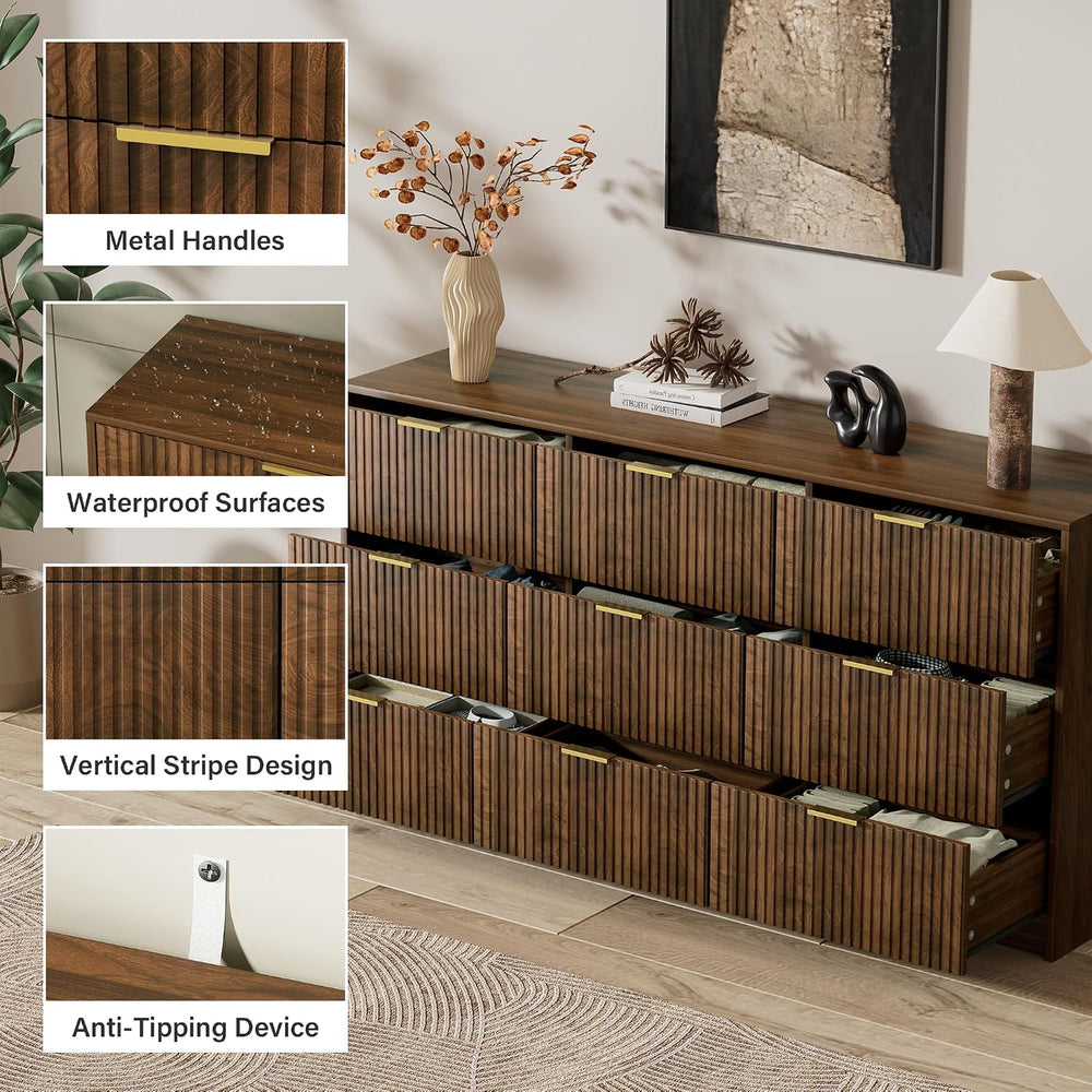 Furniway Walnut 9 Drawer Dresser for Bedroom, 63" Wide Fluted Wood Dresser