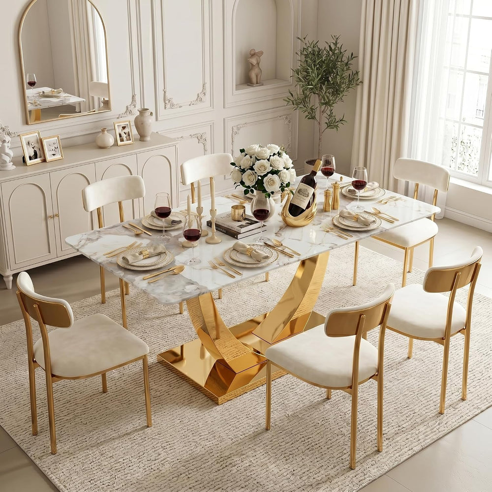 Faux Marble Dining Table, 71" Modern Dining Table, White, for 6-8