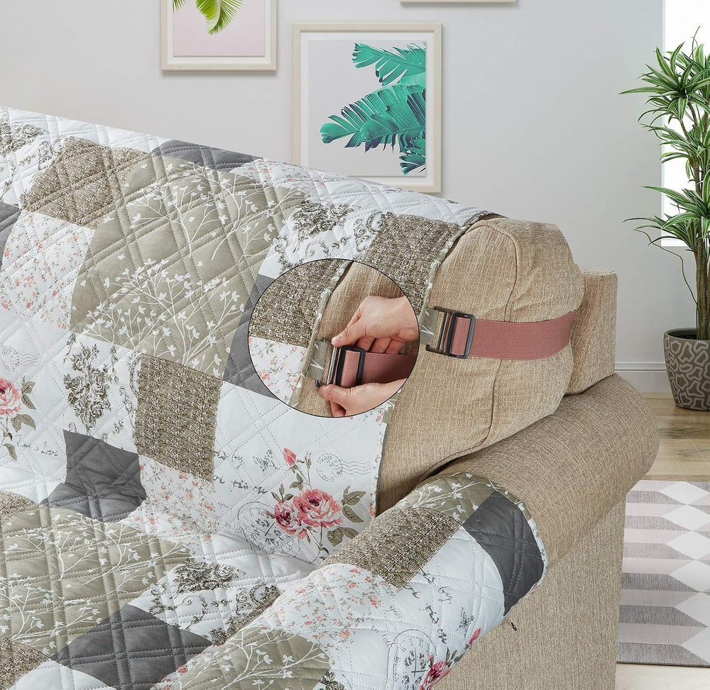 Brilliant Sunshine Pink Rose & Grey Toile Patchwork Couch Sofa Slip Cover