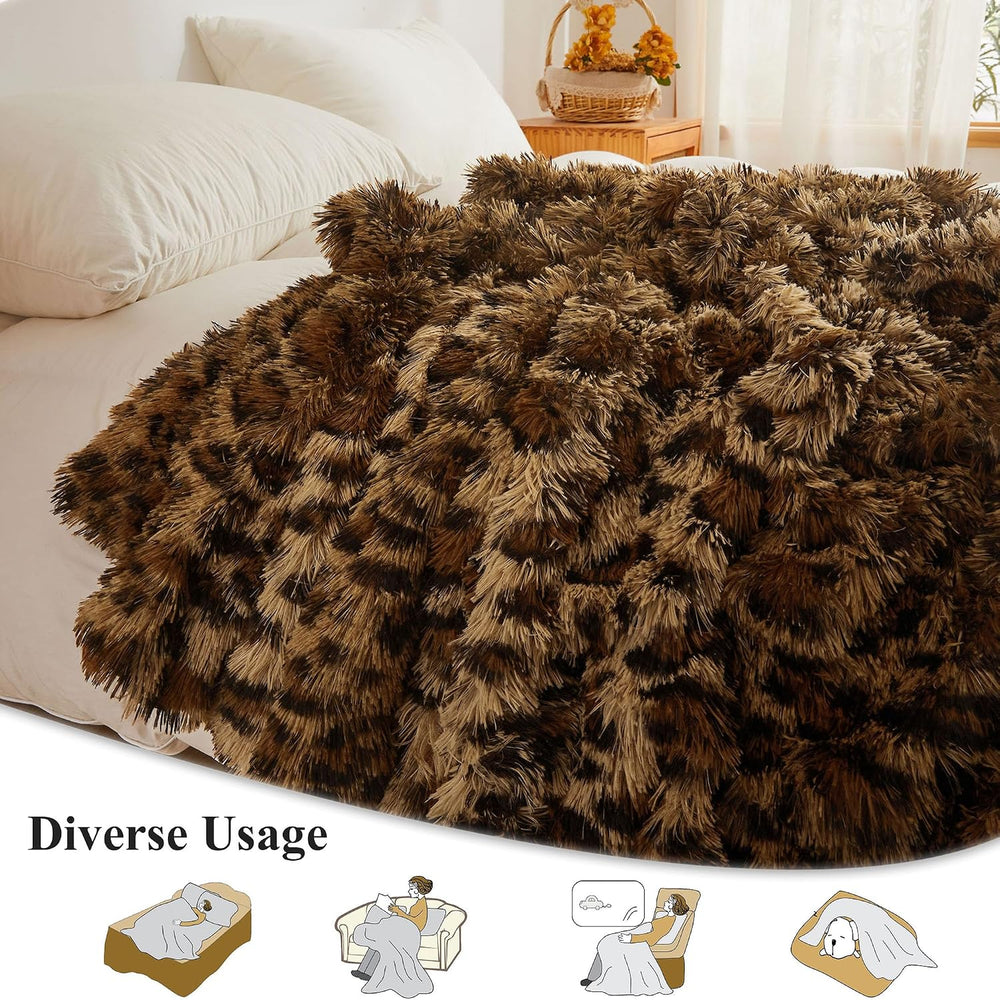 XeGe Luxury Faux Fur Leopard Print Blanket, Cheetah Brown, 60"x80"