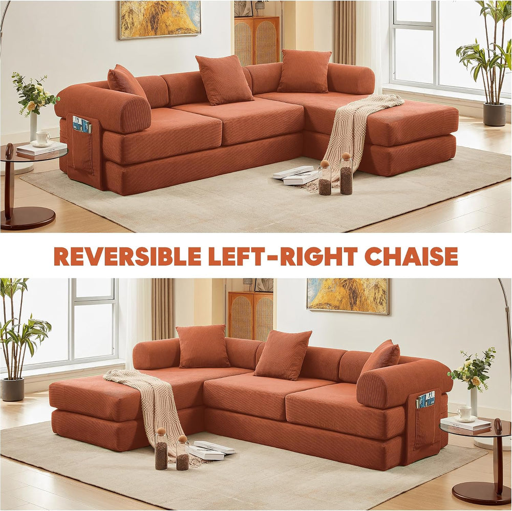 107" Modular Sectional Sofa Bed, L-Shape Corduroy Boneless Couch, Orange