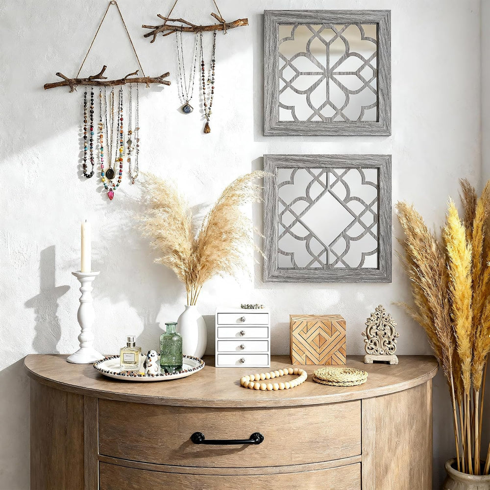 Boho Wall Mirror Decor, Set of 2 Rustic Farmhouse Accent Mirrors 12x12 Inch, ...