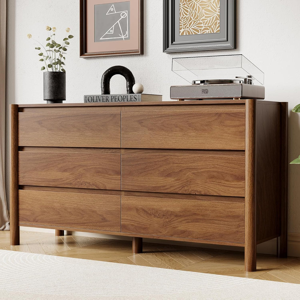 HOUROM Walnut Dresser for Bedroom,47"Wide 6 Drawer Mid Century Modern Chest