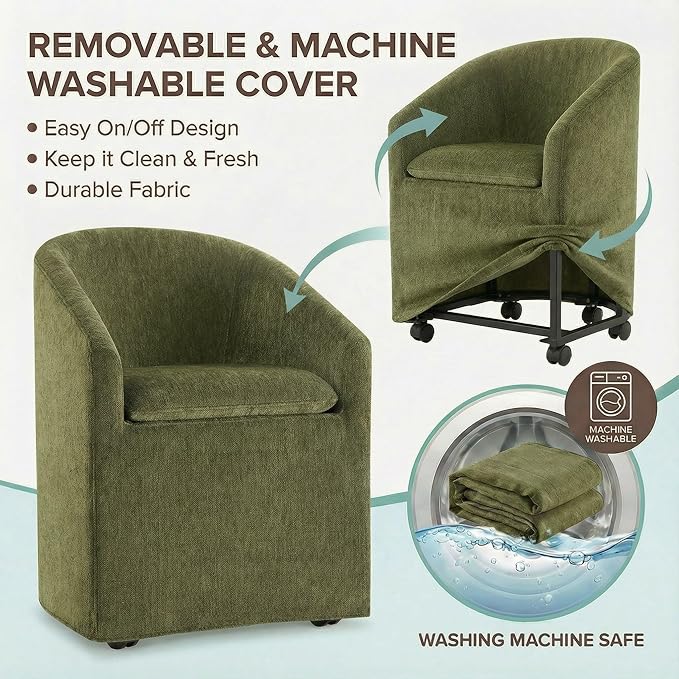 Upholstered Dining Chairs with Casters, Washable Cover Modern Dining Room Cha...