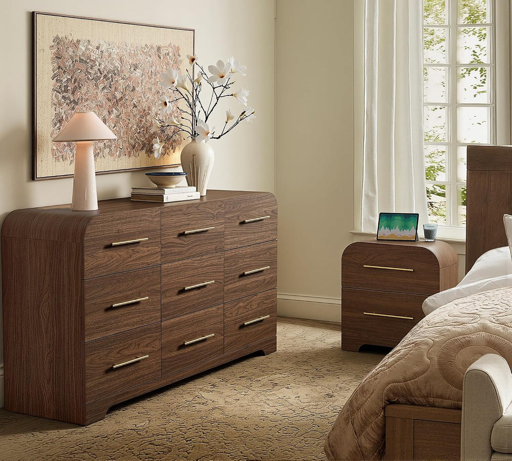 63" Wide 9 Drawer Dresser and Nightstand Set 3 Piece, Walnut