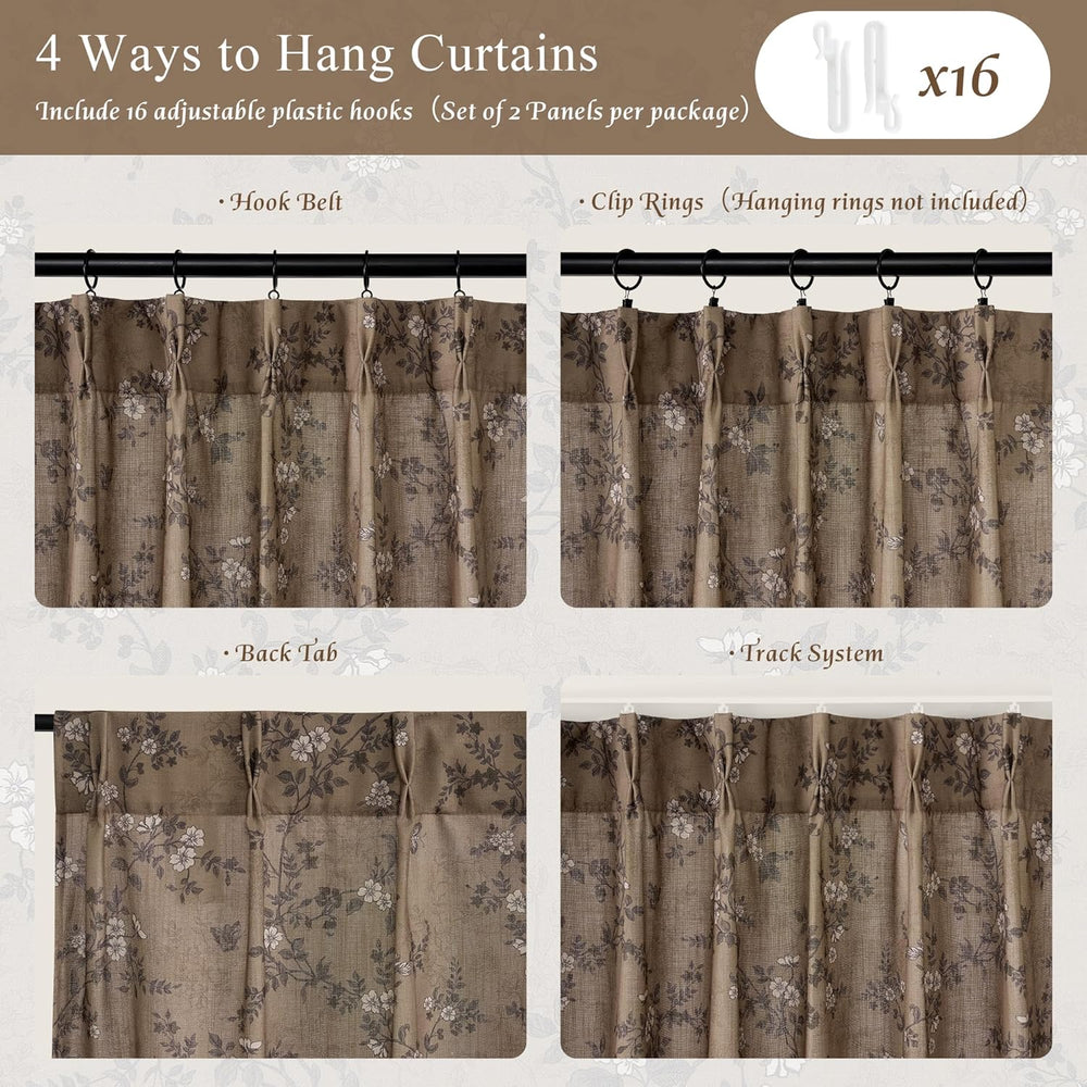 StangH Brown Linen Pinch Pleat Curtains Floral Fall Decor 96 Inches