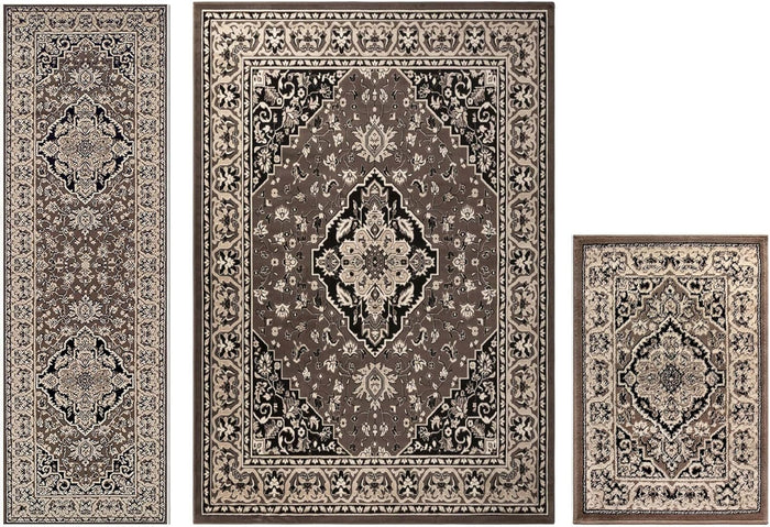 SUPERIOR Glendale 3 Piece Indoor Area Rug Set, Jute Back, Oriental Floral Medallion Decor for Hallway, Office, Kitchen, Bedroom, Living Room Floors, Plush Rugs, 2' x 3', 2' 7" x 8', 5' x 8', Brown
