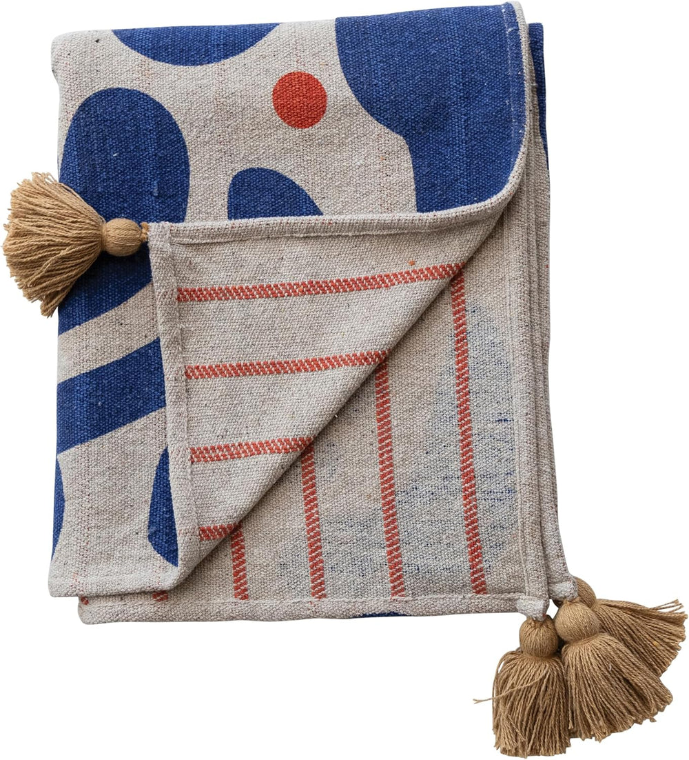 Bloomingville Woven Cotton Blend Throw with Abstract Design, Stripes and Tass...