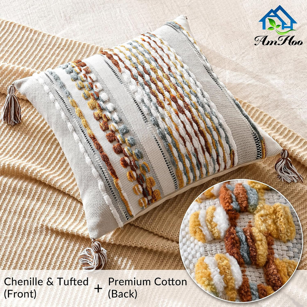 Set of 2 Chenille Striped Textured Boho Throw Pillow Covers Aesthetic with Ta...